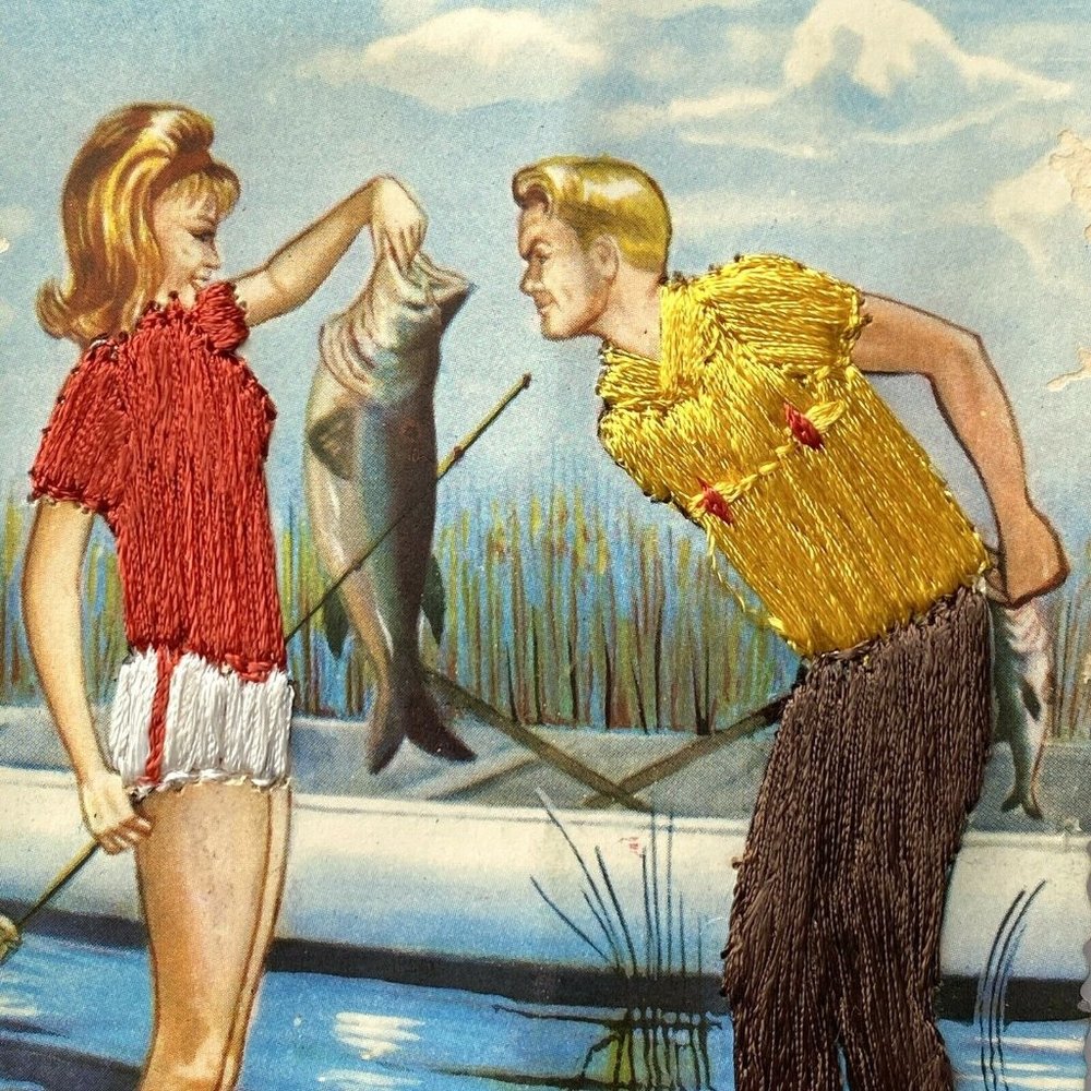 Vintage Postcard Fishing Time Girl Miami Silk Embroidered Signed ELSI GUMIER #1